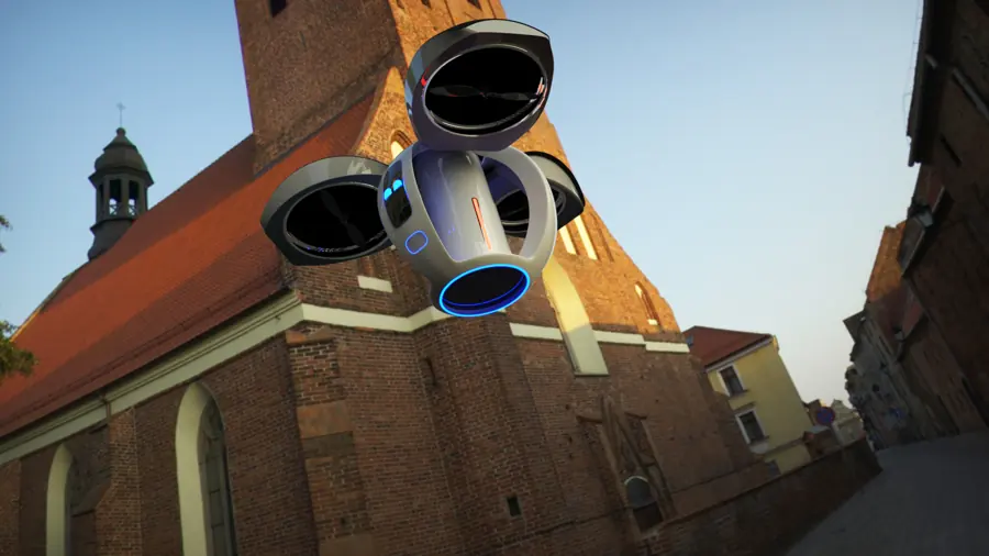 Pod aircraft flying past a church tower
